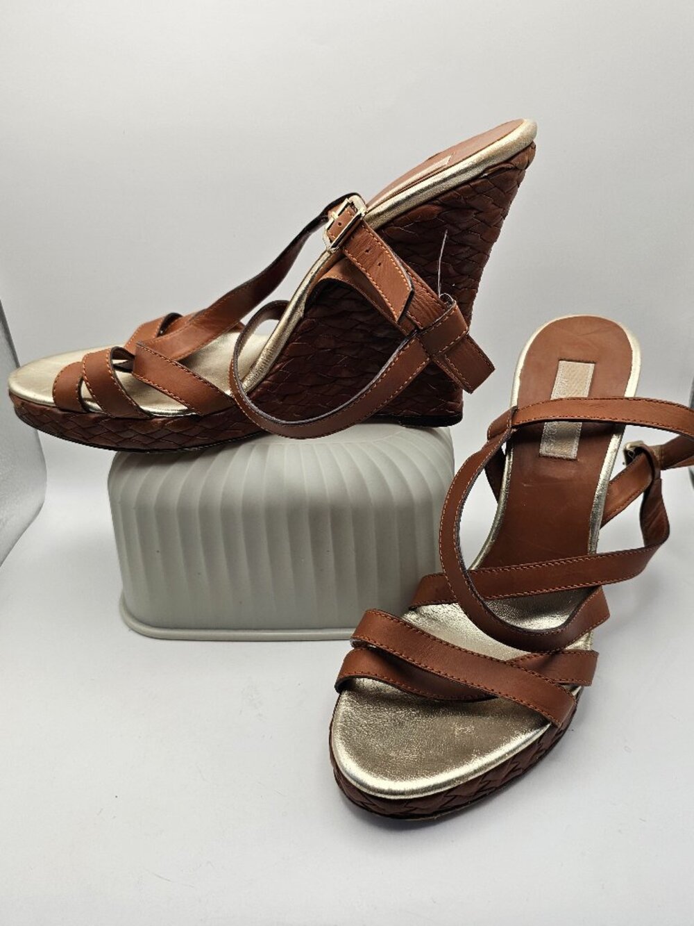 Michael Kors Brown Leather Strappy Basket‑Weave Wedge Sandals, Size 10.5M